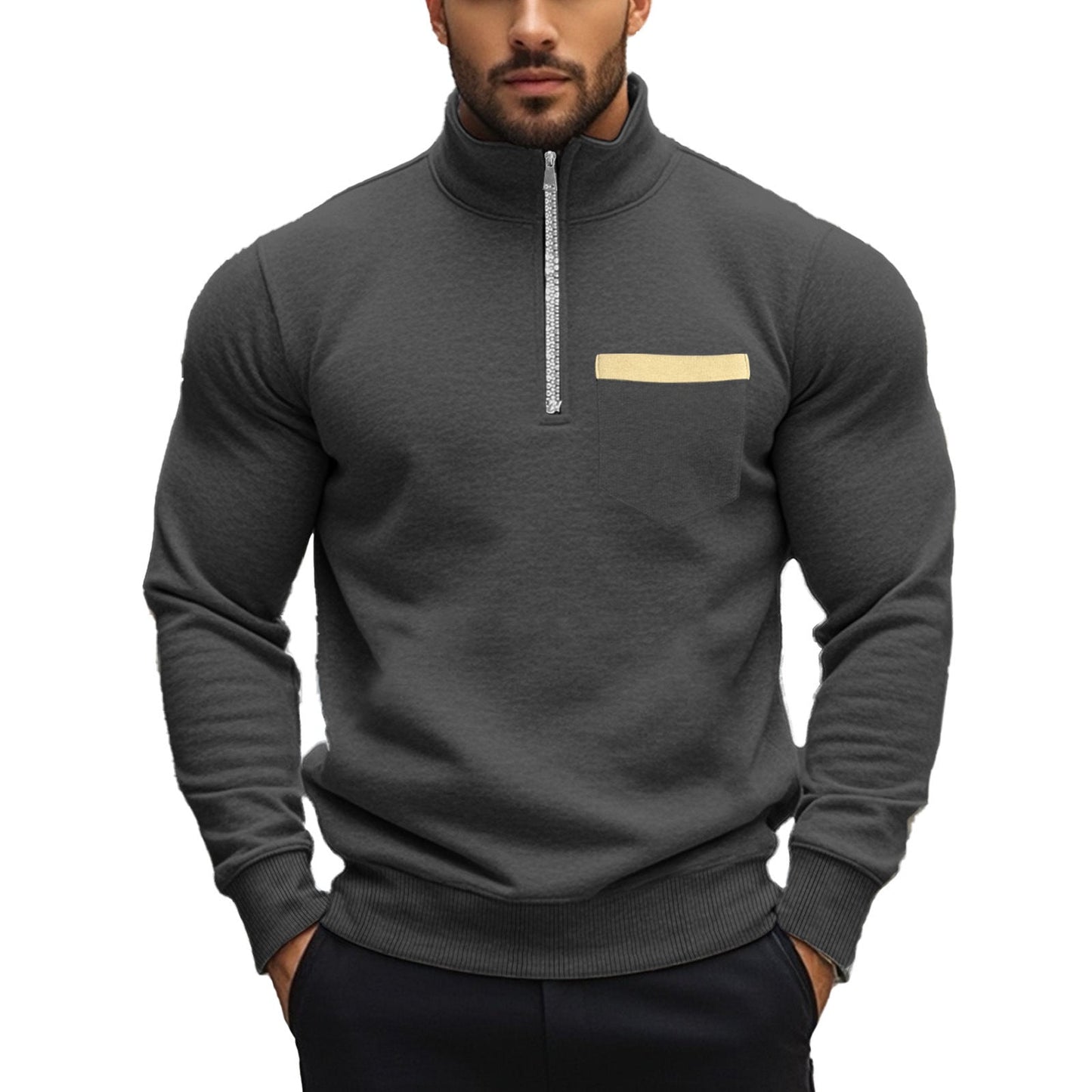 Herren Pullover Sportlich Reißverschluss Brusttasche