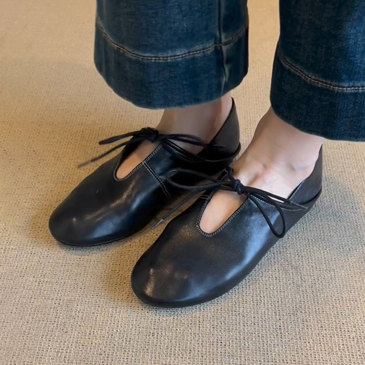 Damen Ballerinas Leder Bequem Schnüren