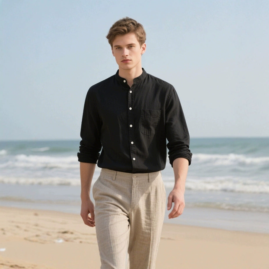 Herren Leinenhemd Stehkragen Sommer Modern