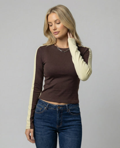 Damen Langarmshirt Slim Fit Grau Patchwork Oberteil - BerlinGlamour