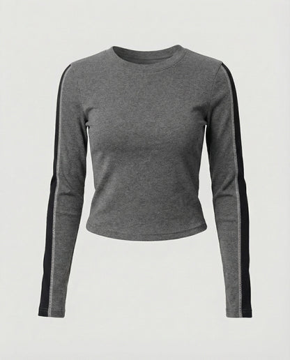Damen Langarmshirt Slim Fit Grau Patchwork Oberteil