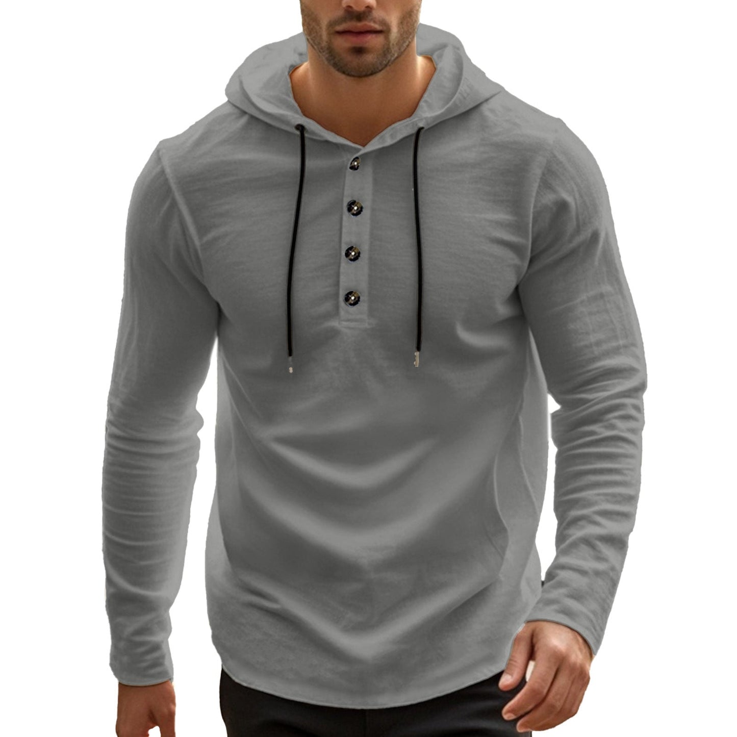 Herren Hoodie Langarm-Shirt mit Knöpfen und Taschen