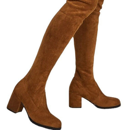 Damen Overknee Stiefel Hoch mit Blockabsatz Schnürsenkel Elegant