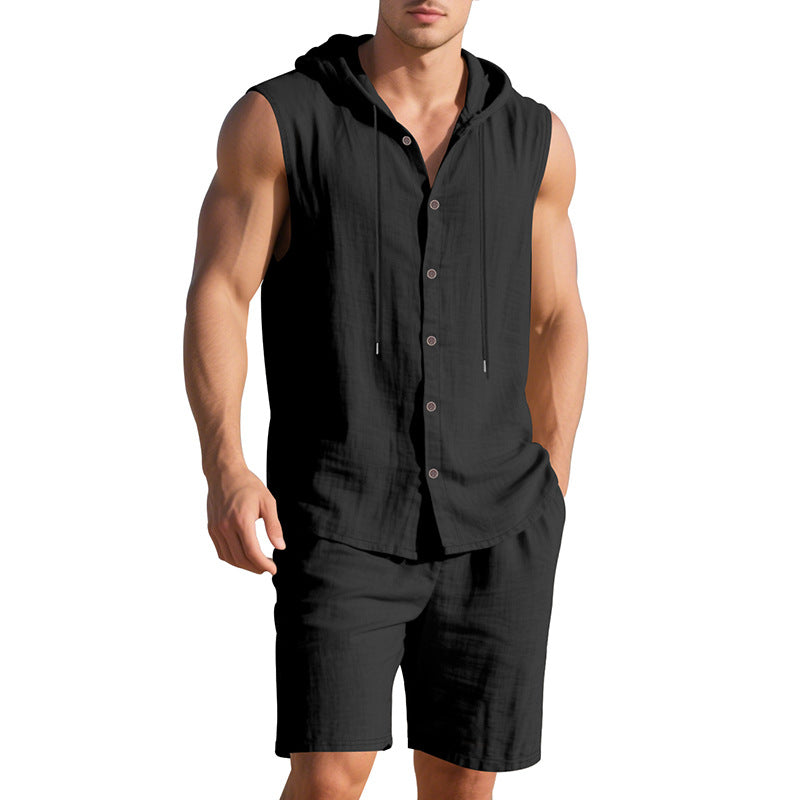 Herren Sportshemd Kurzarm mit Kapuze und Shorts Casual