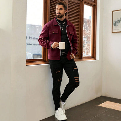 Herren Stadtjacke Modern Reißverschluss Mantel Schwarz