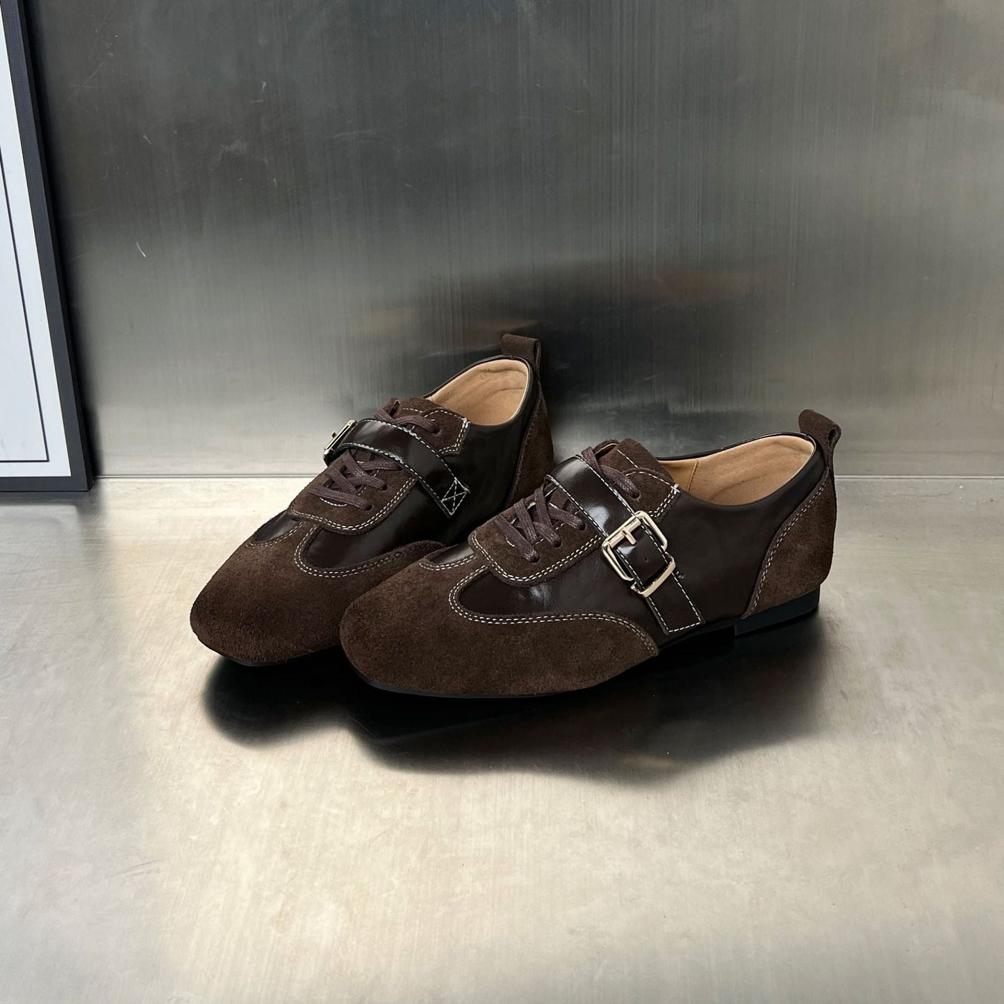 Damen Loafers Elegante Schnallenverschluss Schwarz Lederschuhe