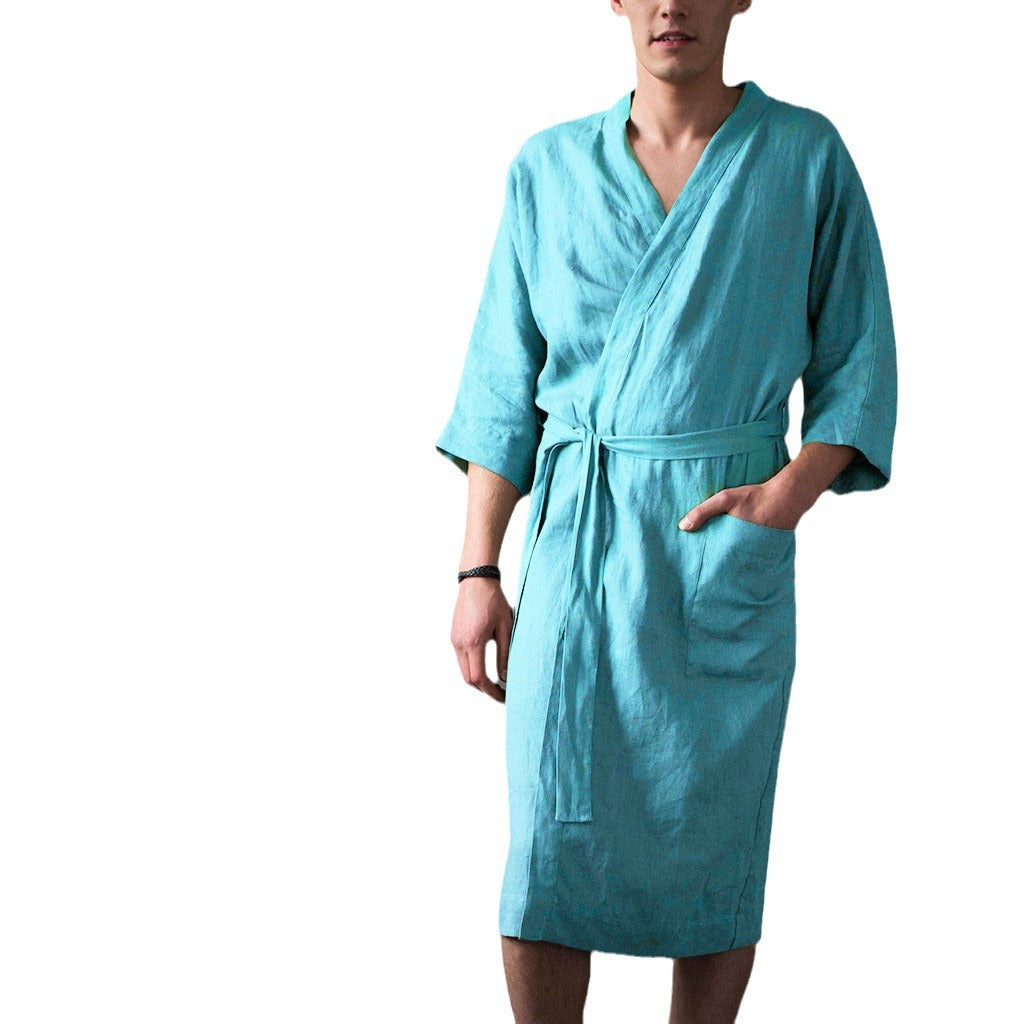 Herren Bademantel Leinen Bequem mit Taschen und Gürtel