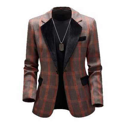 Herren Blazer Karo Elegant Samt Revers Modern