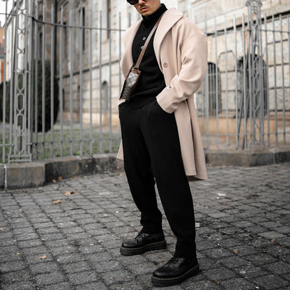 Übergroßer Herren Wollmantel Eleganter Langmantel Schwarz