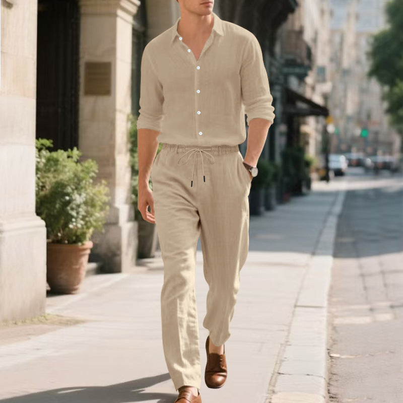 Herren Leinenhose Bequem Elastisch mit Kordelzug