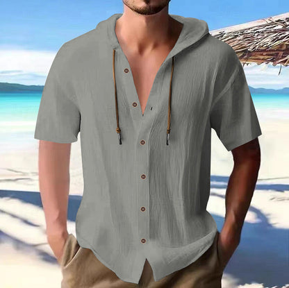 Herren Kapuzen-Hemd Kurzarm Relaxed Fit Holzknöpfe