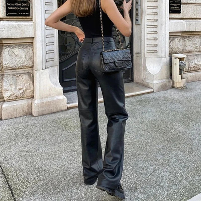 Damen Hose Kunstleder Weitbein Elegant Schwarz