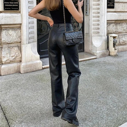 Damen Hose Kunstleder Weitbein Elegant Schwarz