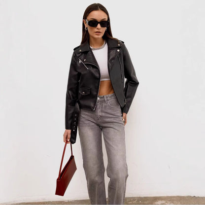 Leder Bikerjacke Damen Schnallenverschluss Schwarz - BerlinGlamour