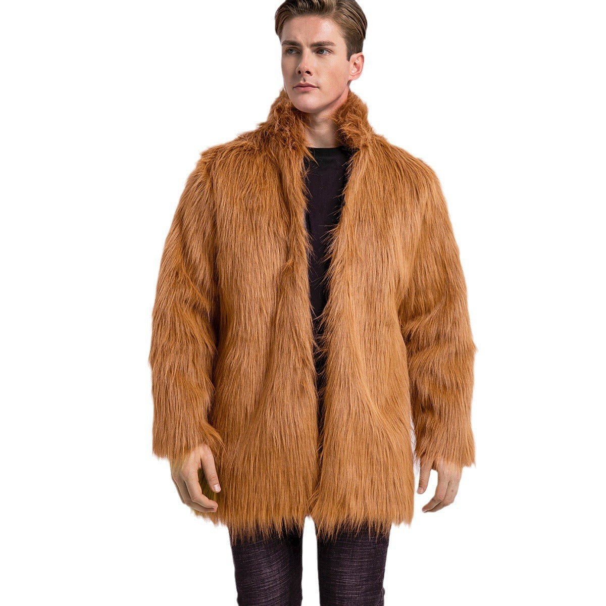 Herren Kunstfellmantel Lang Open Kragen Elegant Schwarz