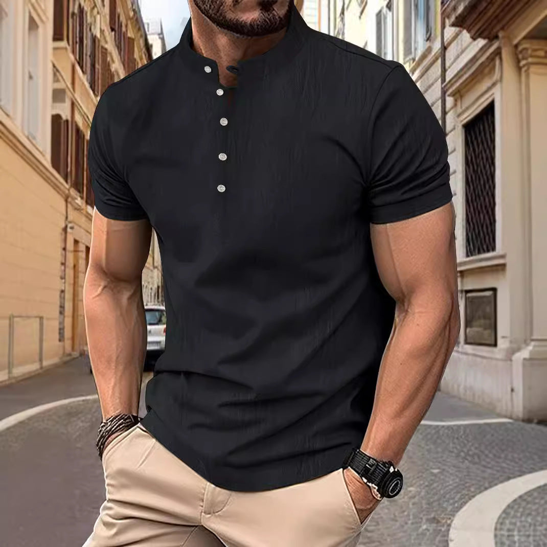 Herren Kurzarmshirt Modern Stehkragen Knopfleiste Elegent