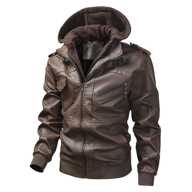 Herren Lederjacke Mit Kapuze Und Taschen