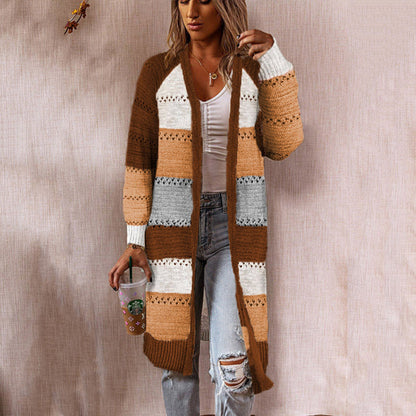 Damen Strickjacke Lang Modisch Streifenmuster Offen