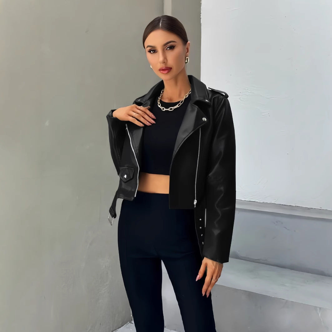 Lederjacke Damen Cropped Bikerstyle Schwarz - BerlinGlamour