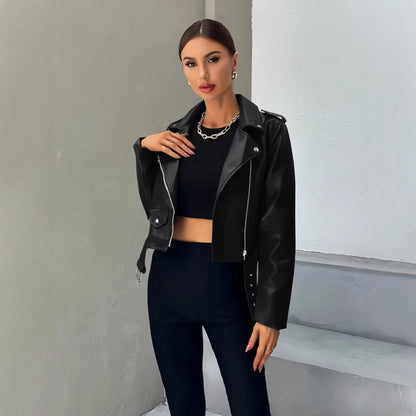 Lederjacke Damen Cropped Bikerstyle Schwarz - BerlinGlamour