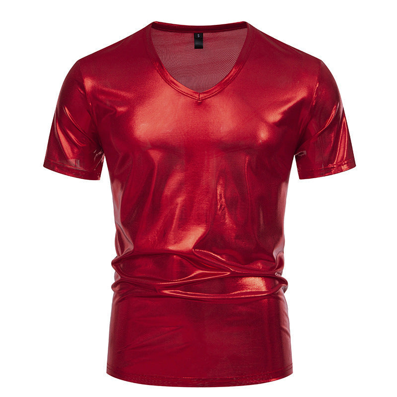 Herren T-Shirt V-Ausschnitt Stretch Glänzend Modern