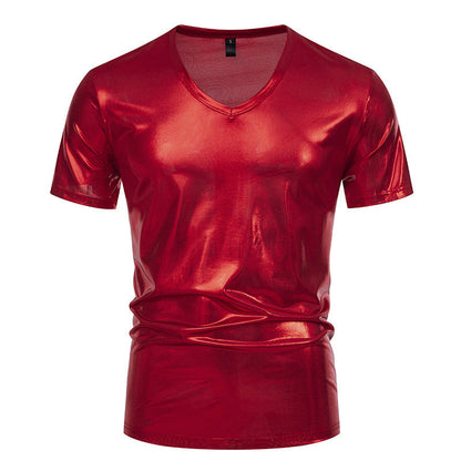 Herren T-Shirt V-Ausschnitt Stretch Glänzend Modern
