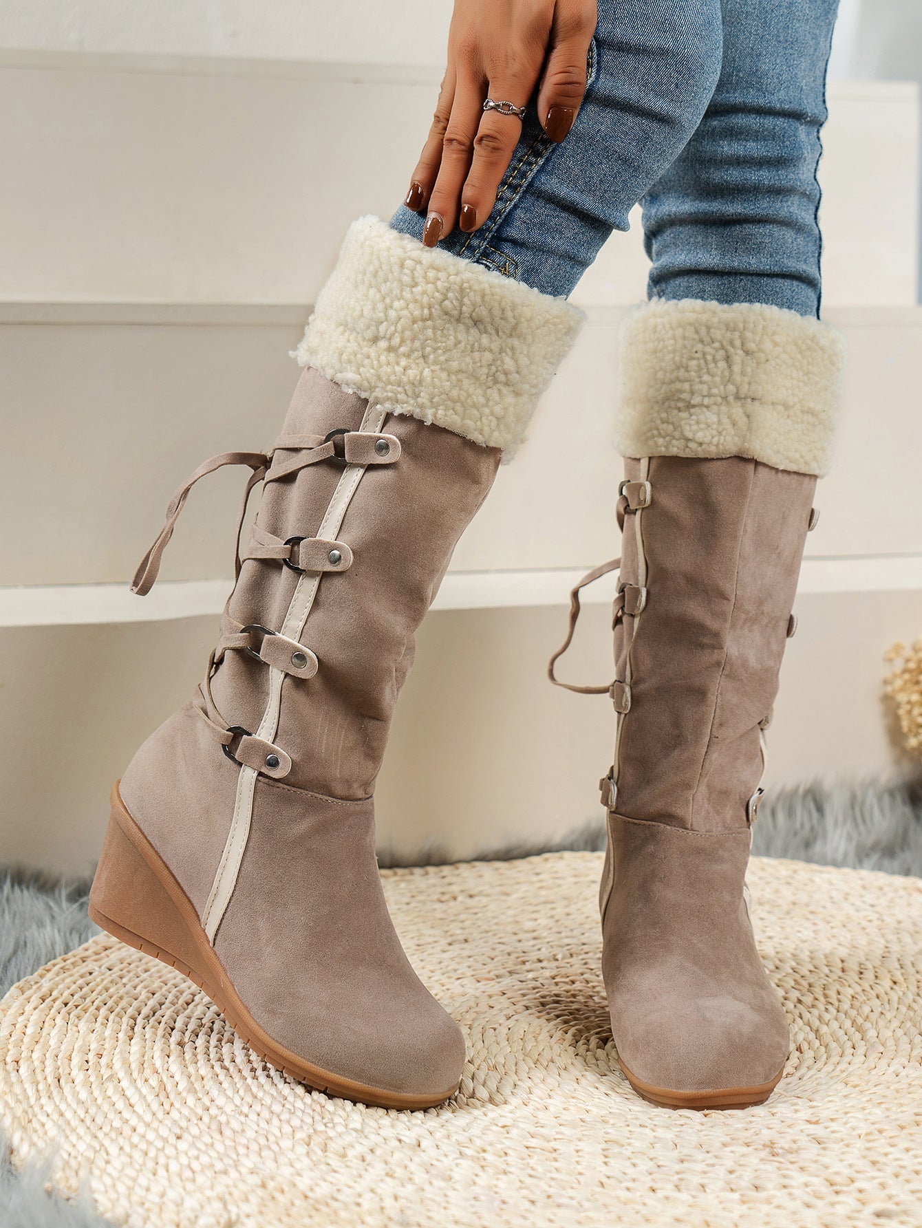Damen Stiefel Wedge Kuschelig Schnürsenkel Hochzeitsschuhe