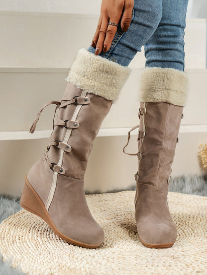 Damen Stiefel Wedge Kuschelig Schnürsenkel Hochzeitsschuhe