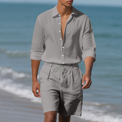 Herren Leinenhemd mit Henley Kragen und Brusttasche Sommer