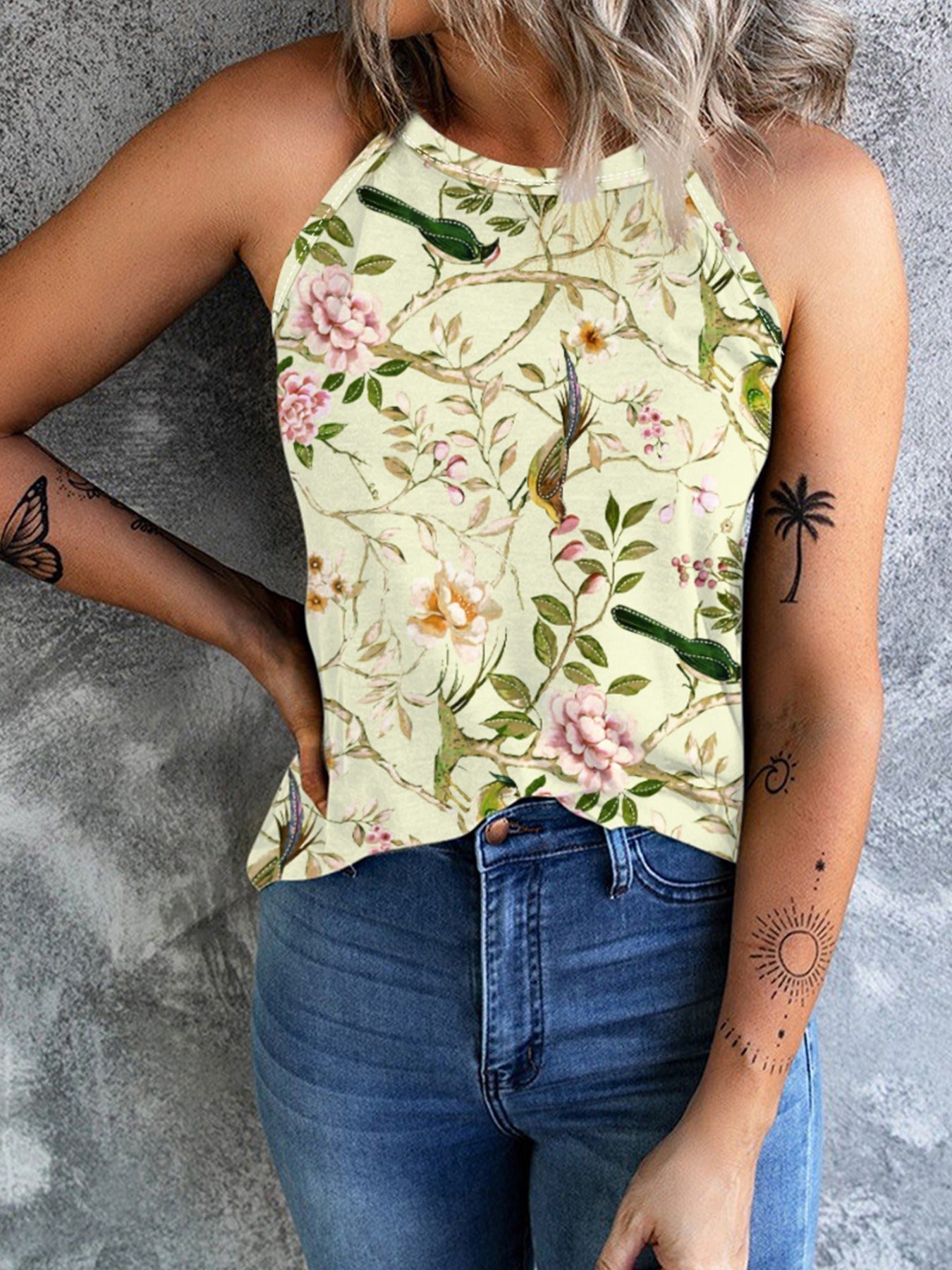 Damen Blumenshirt Ärmellos Sommerlang