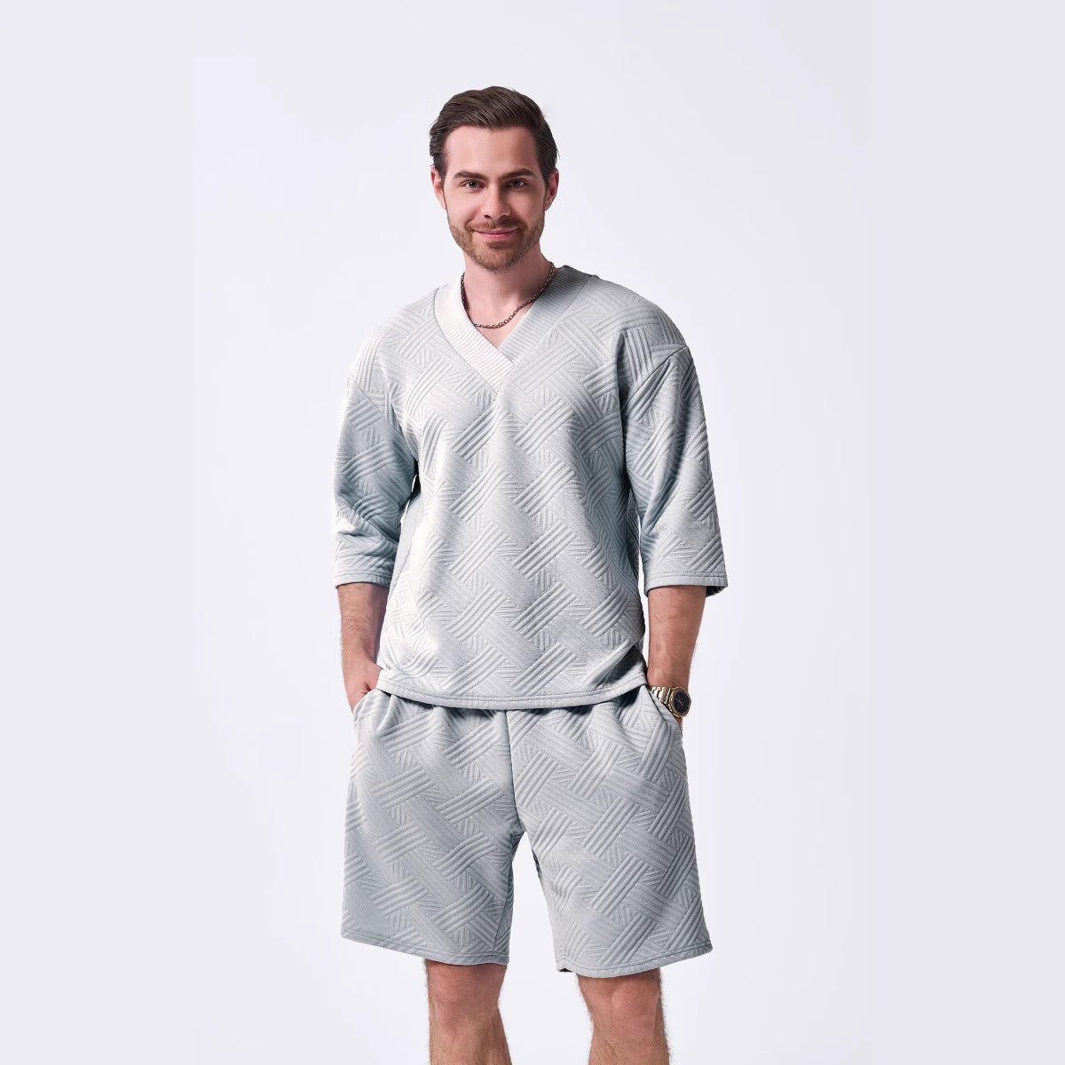 Herren Freizeit Set Lässiger V-Ausschnitt Pullover Shorts