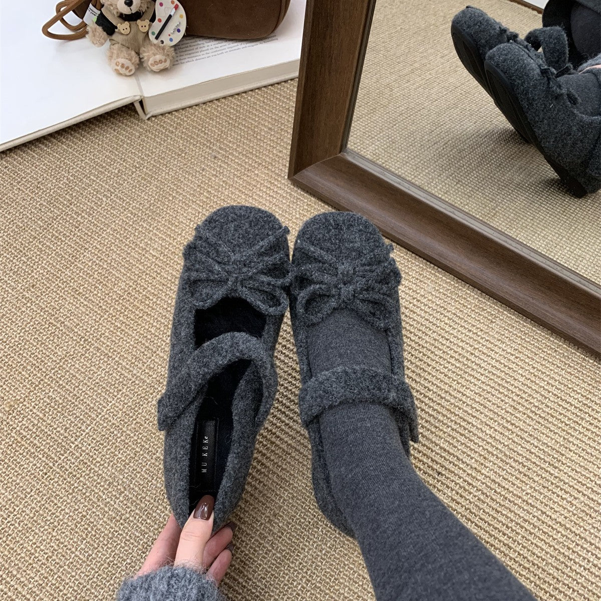 Damen Hausschuhe Flauschig Warm mit Schleife