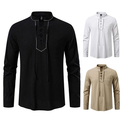 Herren Langarmshirt Modern Stehkragen Schnüren