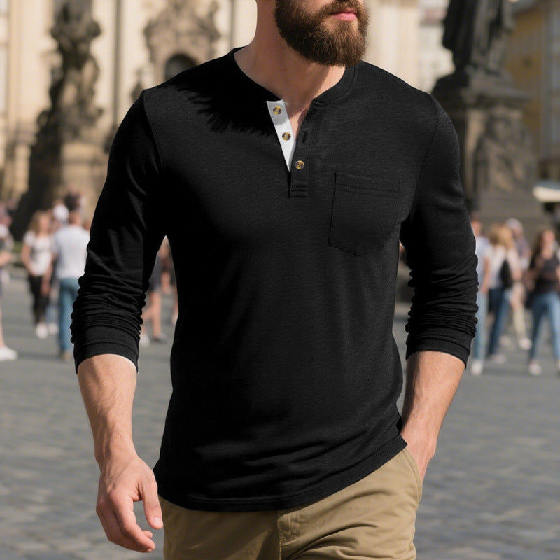 Herren Langarmshirt Weich Baumwolle Mit Brusttasche