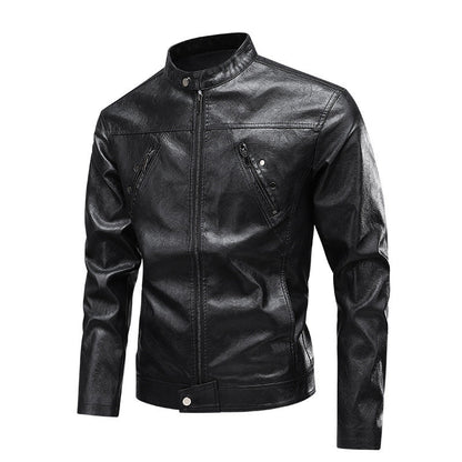 Herren Lederjacke Modisch Reißverschluss Taschen Schwarz
