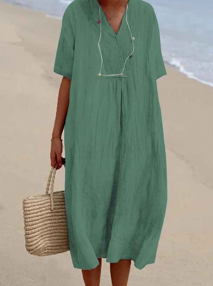 Damen Midi-Kleid Bequem V-Ausschnitt Kurzärmlig Sommerkleid