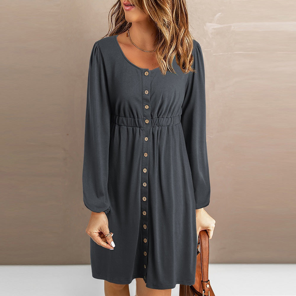 Damen Kleid mit Knopfleiste Elastischer Bund Elegant