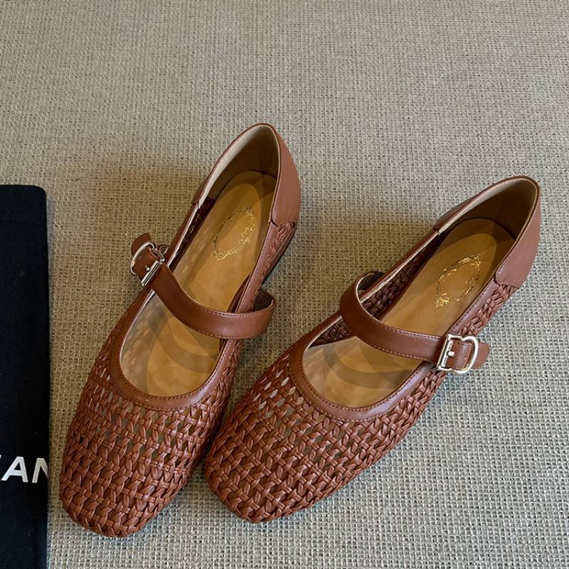 Damen Ballerinas Geschlossene Riemen Schuhe Geflochtene Oberfläche
