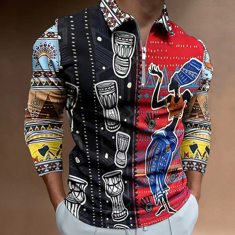 Herren Zip-Up Shirt Ethno Design Elastisch Modern