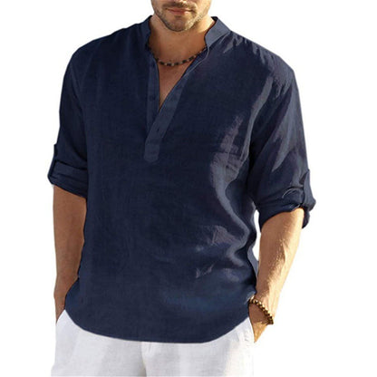 Herren Leinenhemd Modern mit Stehkragen und Knöpfen