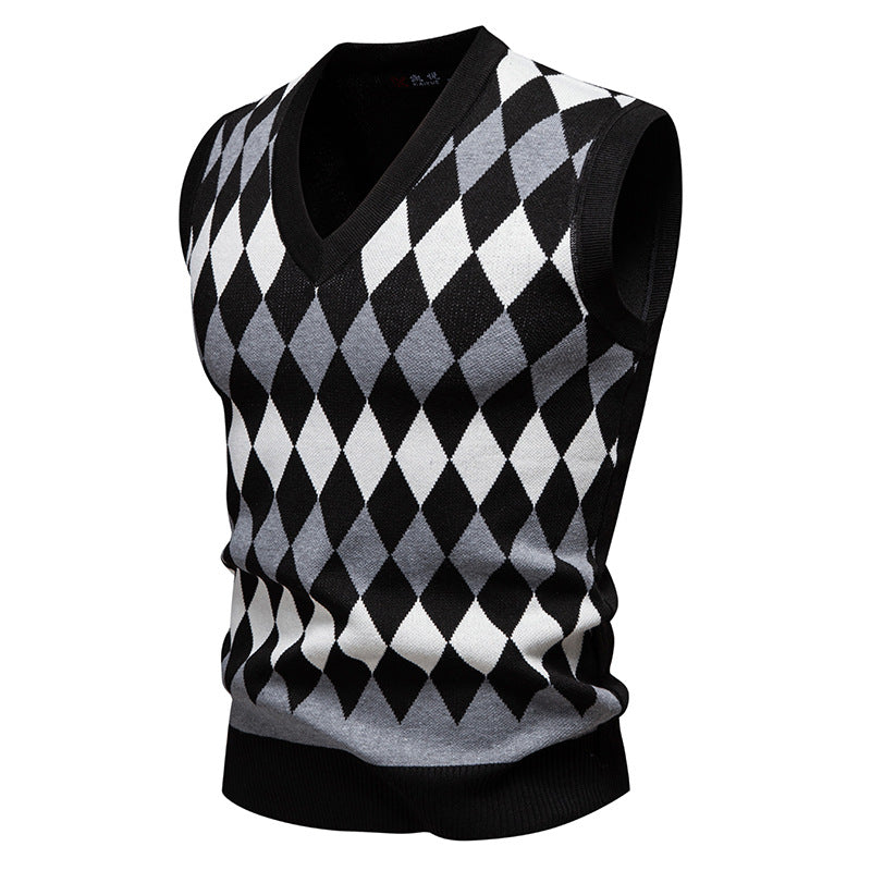 Herren Ärmelloser Pullover Rautenmuster V-Ausschnitt Modern