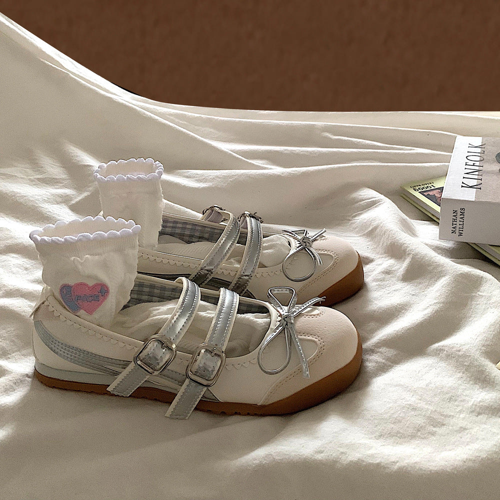 Damen Ballerinas mit Riemchen und Schleife Modern