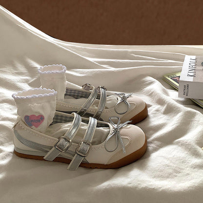 Damen Ballerinas mit Riemchen und Schleife Modern