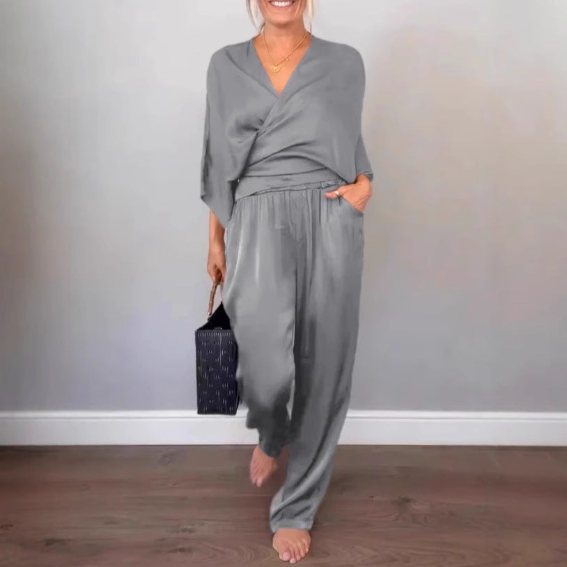 Damen Hosenanzug Elegant Bequem Satin Schwarz