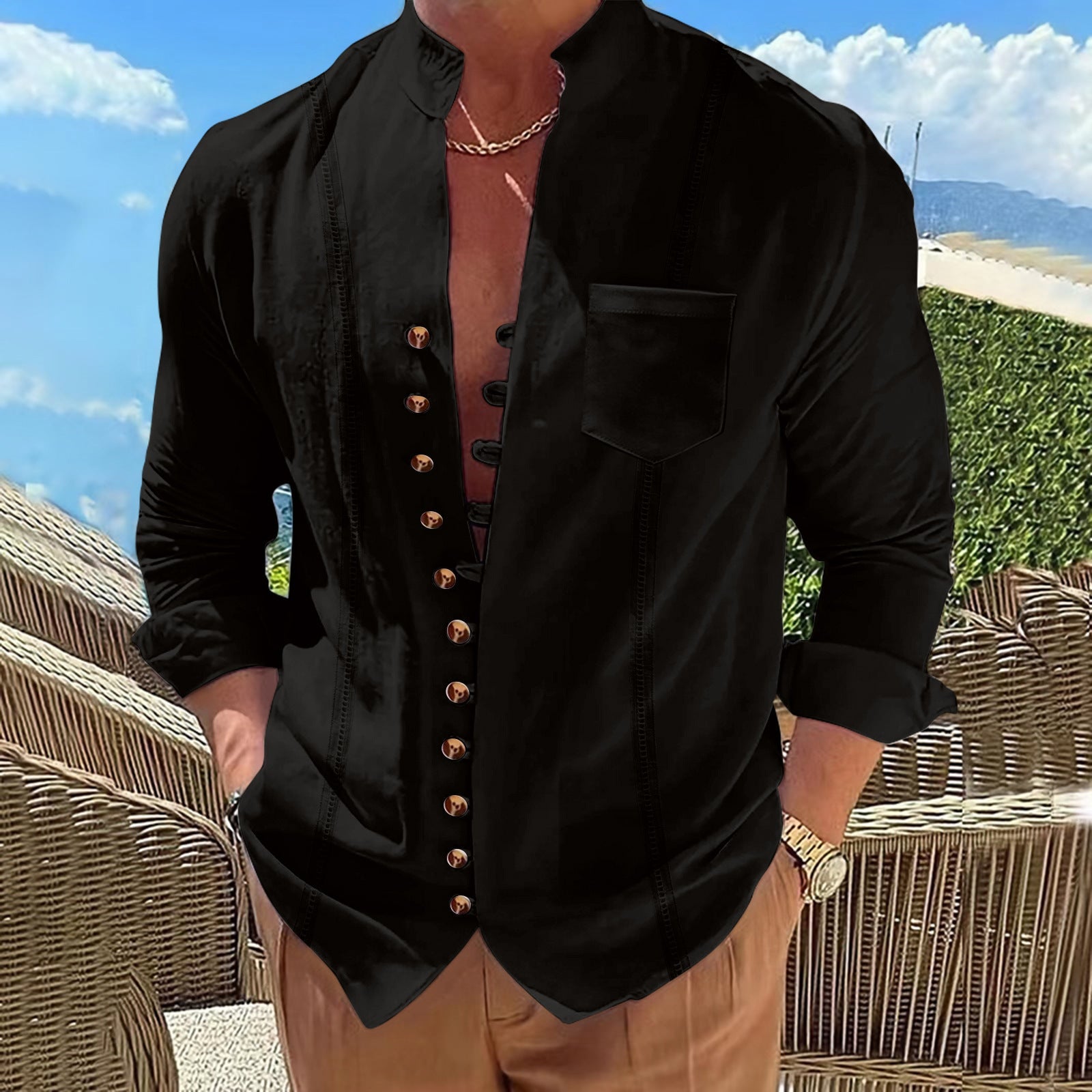 Herren Hemd Langarm Stehkragen Modern Knöpfe Elegent - BerlinGlamour