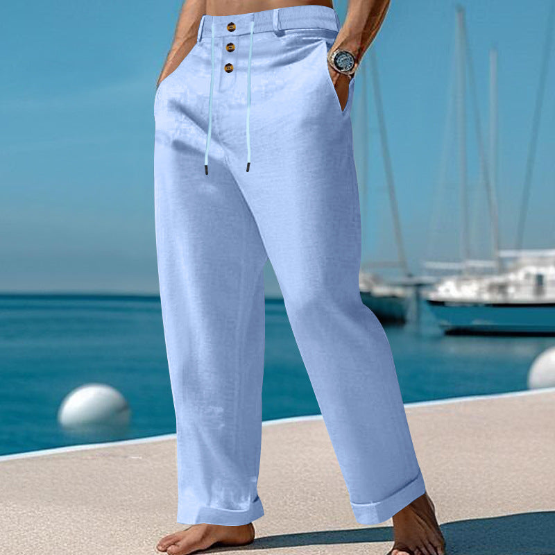Herren Leinenhose Lässig Bequem mit Kordelzug und Taschen