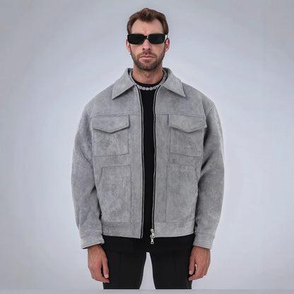 Herren Lederjacke Suede Stil mit Aufschlägen und Taschen - BerlinGlamour