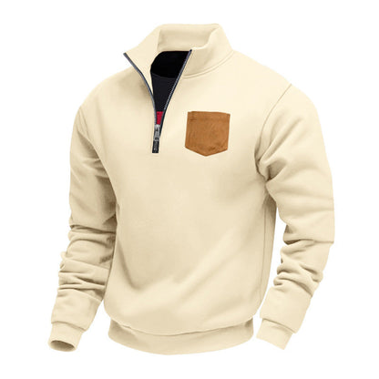 Herren Fleece Pullover Warm Mit Brusttasche Kontrast Reißverschluss