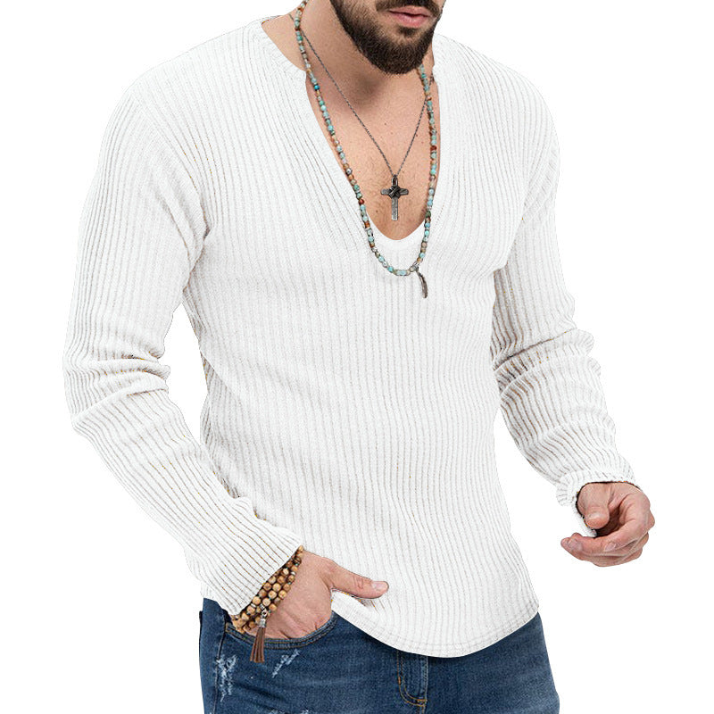 Herren Langarmshirt Strukturiert V-Ausschnitt Rippdesign Modern