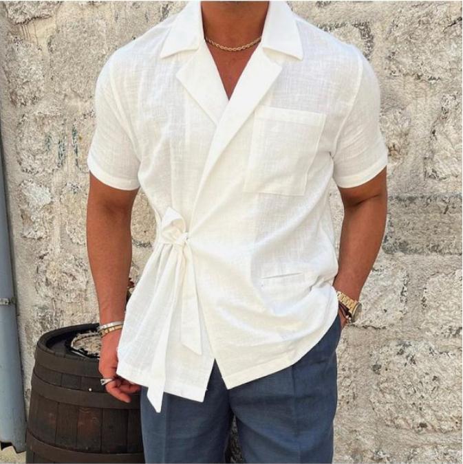 Herren Leinenhemd Wickel Optik Elegant Sommer - BerlinGlamour